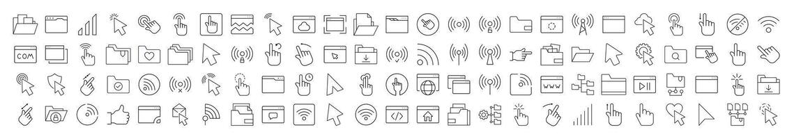 Computer Desktop Line Icon Bundle. Modern Collection for Design, Web Sites, Apps, Cards. Contains Linear Images of Cursor, Wi Fi Waves, Folders, Web Pages vector