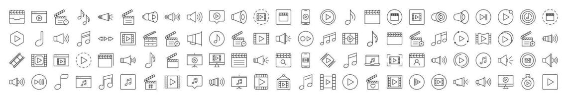 Media Player Bundle of Related Line Icons. Editable Stroke for Design, Web Sites, Apps, Cards. Contains Linear Images of Clapperboard, Musical Note, Loud Speaker vector