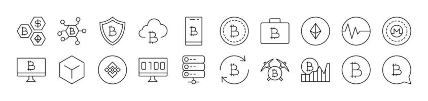 Cryptocurrency and Bitcoin Related Line Icon Collection. Editable Stroke. Perfect for Infographics, Articles, Books, Flyers, Banners vector