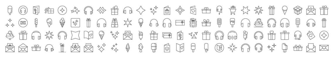Party, Holiday, Headphones, Postcard Outline Web Line Icons Collection. Editable Stroke. Minimalistic Linear Pictogram for Design of Cards, Apps, Banners, Posts vector