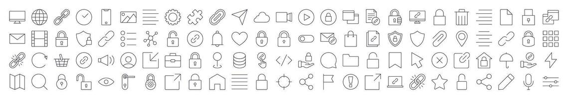 Interface Line Icon Pack. Modern Collection for Design, Web Sites, Apps, Cards. Contains Linear Images of Share, Coding, Like, Bookmark, Menu vector