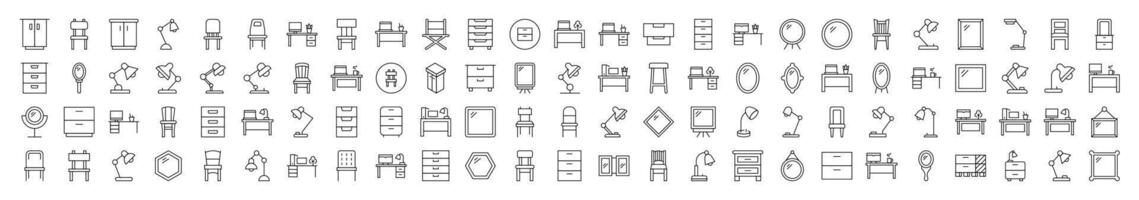 Furniture for Interior Related Simple Sign Set. Contains Icons of Workplace, Mirror, Chair, Table Lamp for Banners, Infographics, Books, Articles and Other Types of Design vector