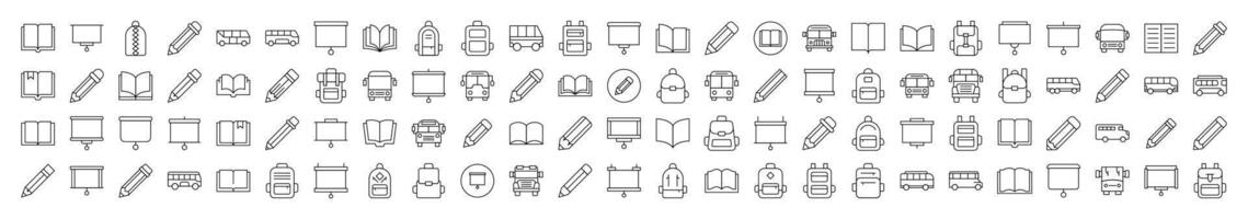 Pack of Line Icons of Pen, Presentation Board, Bus, School Bag, Book. Editable Stroke. Minimalistic Linear Pictogram for Design of Cards, Apps, Banners, Posts vector