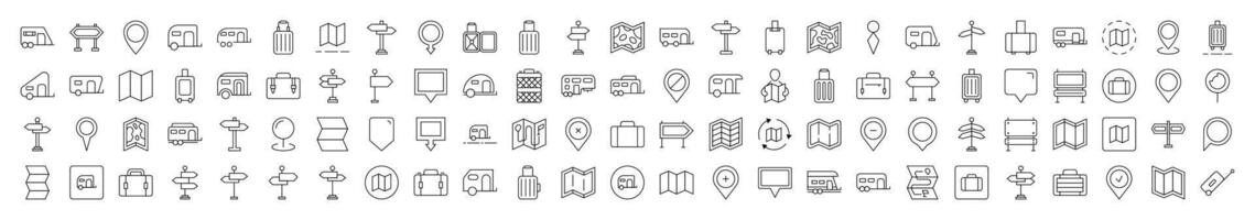 Motorhome, Map Pin, Baggage, Direction Pointer Icon Set for UI, Placards, Books, Apps. Editable Stroke. Suitable for Web Sites, Books, Cards, Apps vector