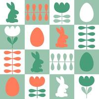 Traditional Easter pattern with rabbits, eggs and tulip flowers in geometric style. Perfect print for poster, card, banner, tablecloth. Great design for any project. vector