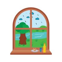 Spring window with beautiful view with trees and river.Tea and water bottle on the windowsill vector