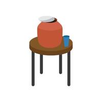 a vase with a glass on it sits on a small stool.pitcher or clay water pot utensil isolated on white background vector