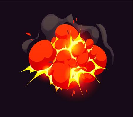 Bomb explosion cartoon effect, smoke cloud, fire