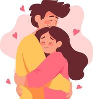 Flat illustration of a happy couple hugging lovingly, surrounded by pink hearts on a soft pastel background vector