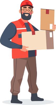 A man in a red vest and beard is holding a box