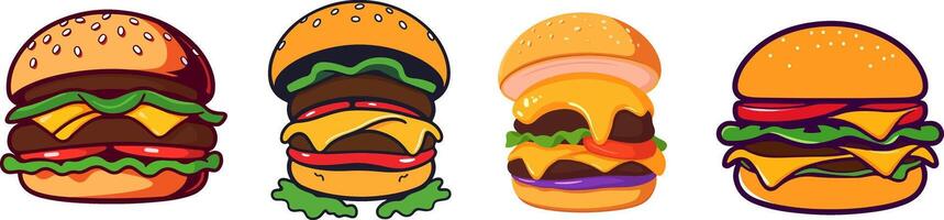 SCollection of four colorful cartoon-style cheeseburgers with various toppings, perfect for food-themed designs or menus vector