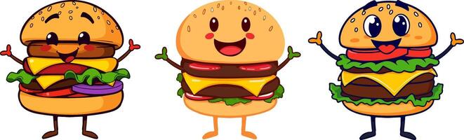 Set of three cheerful cartoon-style cheeseburgers with smiling faces, arms, and legs, ideal for playful food illustrations vector