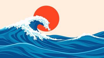 Japanese art style ocean wave with a bold red sun in the background vector