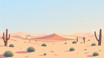 Minimalistic illustration of a desert landscape with scattered cacti and shrubs under a clear sky vector