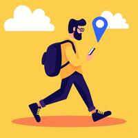Illustration of a man using his phone for navigation while traveling, perfect for travel and technology projects vector