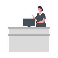 smiling aircraft stewardess dressed with uniform, computer, passport in attention support vector