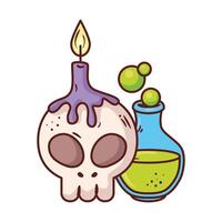 halloween, skull with candle and potion magic in white background vector