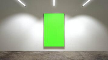 Motion camera in art gallery with picture and modern frame with green mock-up screen, art background video