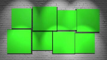 Motion camera in art gallery with picture and modern frame with green mock-up screen, art background video