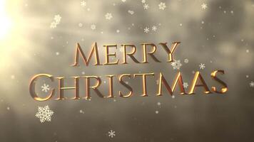 Gold abstract bokeh particles falling and animated closeup Merry Christmas text on shiny background video