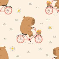 Seamless pattern with funny capybara on bicycle vector