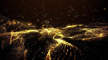 Beautiful golden particles wave and light abstract background with shining particle form floor stars dust flare. Futuristic glittering Luxurious gold sparkling on background. video
