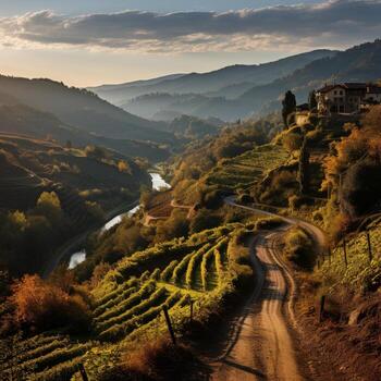 Photo of rolling hills and vineyards in autumn. Generative AI