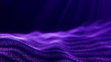 Abstract purple digital waves on dark blue background with soft  purple light rays. Digital sea particle waves background. Violet waves seamlessly flowing surrounded by light beams. 4k 60 fps video