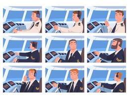 Man Aircraft Pilot or Aviator Sitting Inside Airplane Cabin at Control Panel Set vector