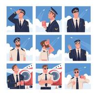 Man Aircraft Pilot or Aviator Looking Up in the Air and Holding Mug Set vector
