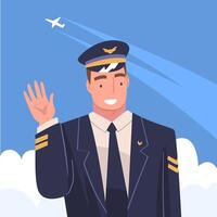 Man Aircraft Pilot or Aviator in Cap and Uniform Smiling and Waving Hand Illustration vector