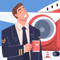 Man Aircraft Pilot or Aviator in Uniform Looking Up in the Sky Holding Mug Illustration vector