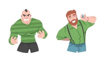 Man Different Emotion Feeling Angry Clenching Fists and Happy Smiling Set vector