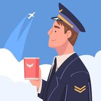 Man Aircraft Pilot or Aviator in Cap and Uniform Looking Up in the Sky Holding Mug Illustration vector