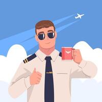 Man Aircraft Pilot or Aviator in Sunglasses Holding Mug and Showing Thumb Up Gesture Illustration vector