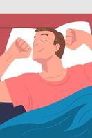 Man Character Waking Up Feeling Happy Stretching Out in Bed Ready to Get Up in the Morning Illustration vector