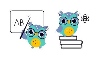 Cute Owl in Glasses on Pile of Books and with Pointer Near Blackboard Set vector
