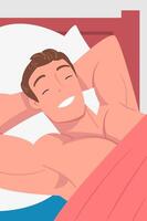Man Character Waking Up Feeling Happy Lying in Bed Ready to Get Up in the Morning Illustration vector
