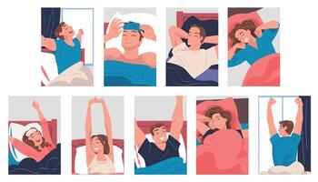 People Character Waking Up Feeling Happy Stretching Out in Bed Getting Up in the Morning Set vector