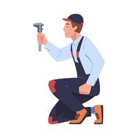 Man Character in Overall and Cap Working with Measurement Tool Illustration vector