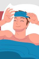 Man Character Waking Up Feeling Happy Lying in Bed in Sleeping Mask Ready to Get Up in the Morning Illustration vector