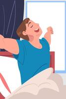 Man Character Waking Up Feeling Happy Stretching Out in Bed Ready to Get Up in the Morning Illustration vector