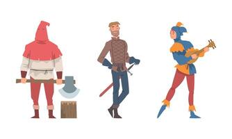 Medieval Executor or Headman with Sharp Axe and Jester Playing Lute Illustration Set vector