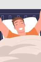 Man Character Waking Up Feeling Happy Stretching Out in Bed Ready to Get Up in the Morning Illustration vector