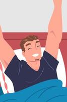 Man Character Waking Up Feeling Happy Stretching Out in Bed Ready to Get Up in the Morning Illustration vector