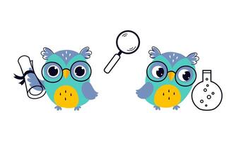 Cute Owl in Glasses with Paper Scroll and Flask with Chemical Set vector