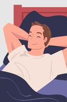 Man Character Waking Up Feeling Happy Lying in Bed Ready to Get Up in the Morning Illustration vector