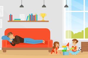 Man Dad Character Sleeping on Sofa with Kids Playing Toy Blocks on the Floor Illustration vector