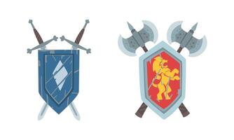 Coat of Arms on Escutcheon or Shield with Crossed Ax and Sword Illustration Set vector