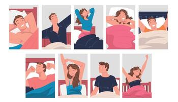 People Character Waking Up Feeling Happy Stretching Out in Bed Getting Up in the Morning Set vector